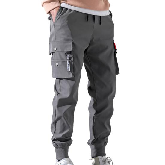 Men Pants Plush Lining Solid Color Elastic Waist Warm Multiple Pockets Cargo Pants for Daily Wear