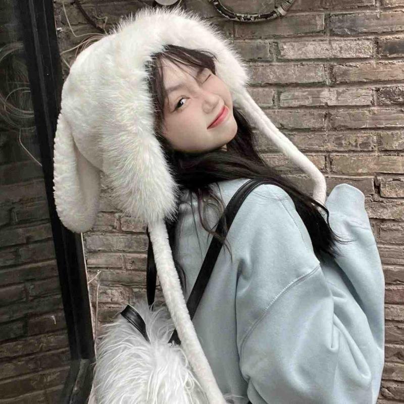 

Милая шапка-капюшон в корейском стиле с длинными кроличьими ушками для осени и зимы, для защиты от холода, теплая шапка для защиты ушей для студенток, чтобы подчеркнуть маленькое лицо one size