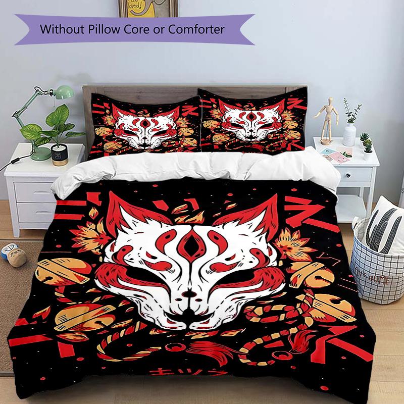 

3pcs Anime Fox Mask Comforter Set with One Quilt Cover and Two Pillowcases (No Core) - Home Decor, Festival Gift, Polyester Fabric, Anime Cartoon Desi 135x200cm