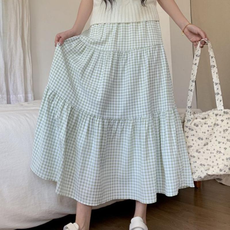 

Women s Vacation Casual Mini Checkered Tiered Cake Skirt - High-Waist Slimming A-Line Midi Skirt for Summer with Hip Coverage one size