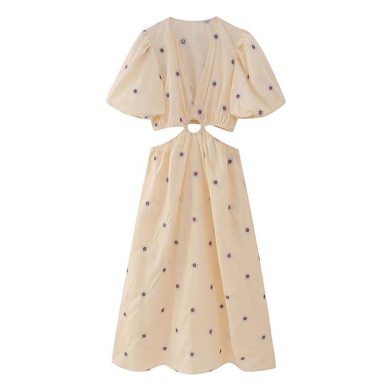 

Women s New Fashion Wind Retro Dress Embroider Light yellow XS