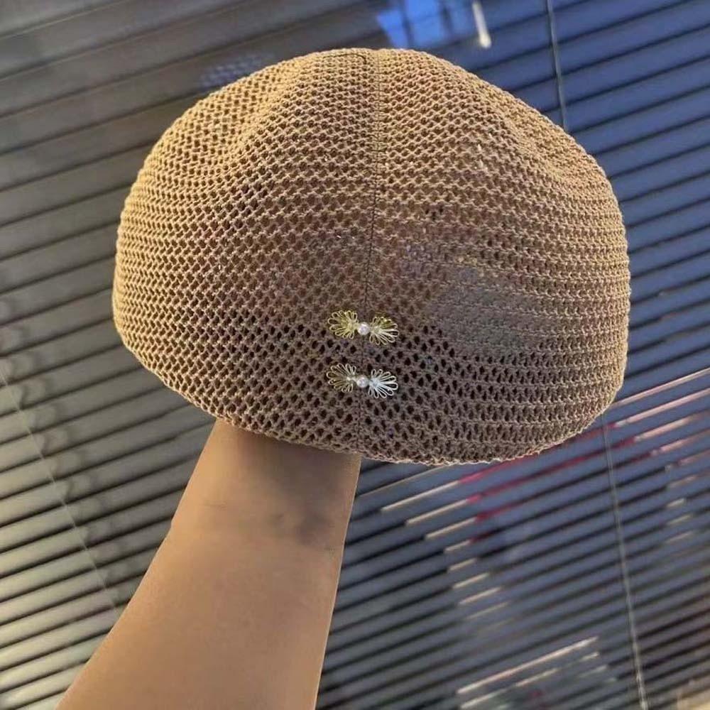 Korean Style Hollow Out Forward Cap Solid Color Vacation Beach Hat Woven Sun Beret Cap  Daily