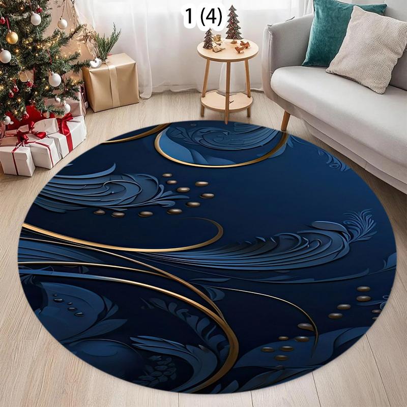 Dark Luxury Round Rug Soft Carpet Floor Mat Area Rug Non-Slip Navy Blue Gold Foil Feather Design for Home Living Room Minimalist