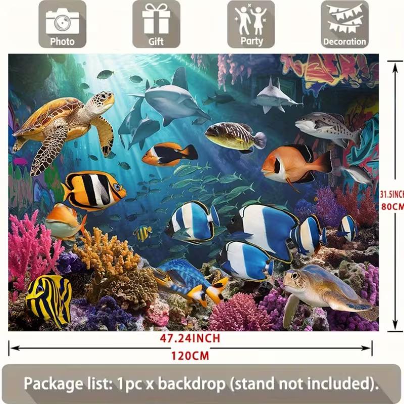 2D Aquarium Style Tapestry, Underwater World with Sea Turtle, Shark and Coral Reef Wall Art
