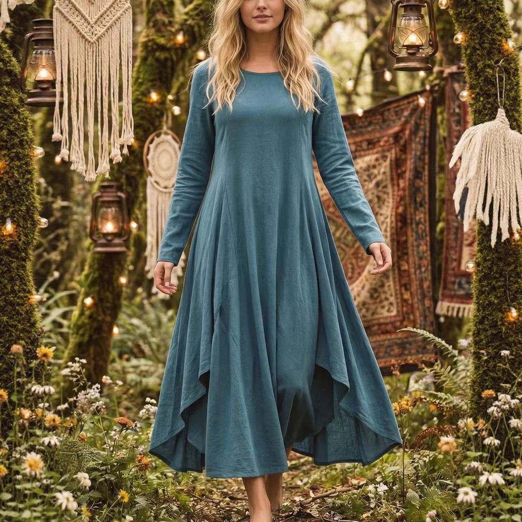 Women's Fashion Color R-neck Long Sleeve Dress