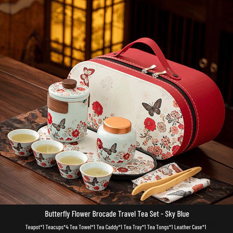 Sky Blue Butterfly Floral Brocade Ceramic Tea Set