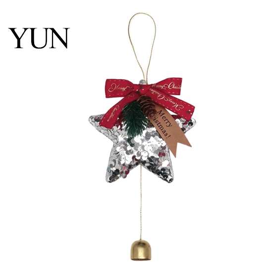 Durable Polyester Ornaments Glitter Star Bell Ornaments, Sequin Hanging Decoration with Bow Pine Reusable Holiday Cone, Sparkly Christmas Tree Pendant