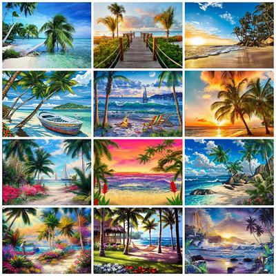 5D Diamond Painting Kits Seaside Diamond Embroidery Landscape Mosaic Picture Coconut Tree Art Home Decoration