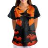 Women's Halloween Print Short Sleeve V-Neck Scrub Top with Pockets Loose Fit