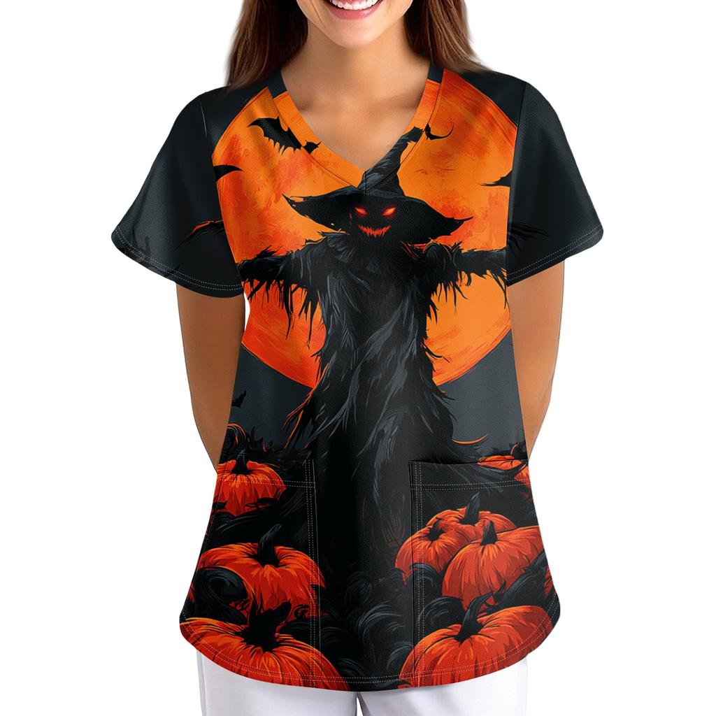Women's Halloween Print Short Sleeve V-Neck Scrub Top with Pockets Loose Fit