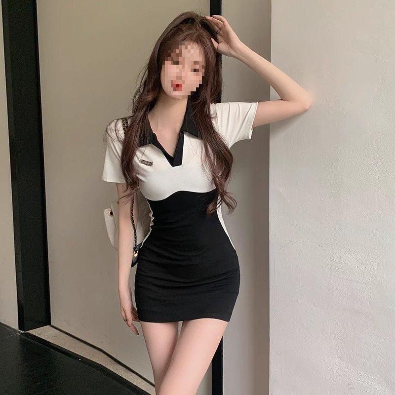 Women s Elegant Black & White Polo Collar Dress - Slimming Waist-Cinched Short Skirt One Size