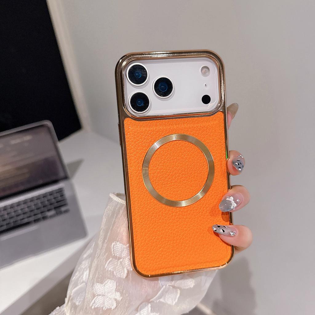For IPhone17 for Apple 16pm Mobile Phone Case Electroplated Magnetic Lychee Pattern Orange Two-in-one Protective Cover