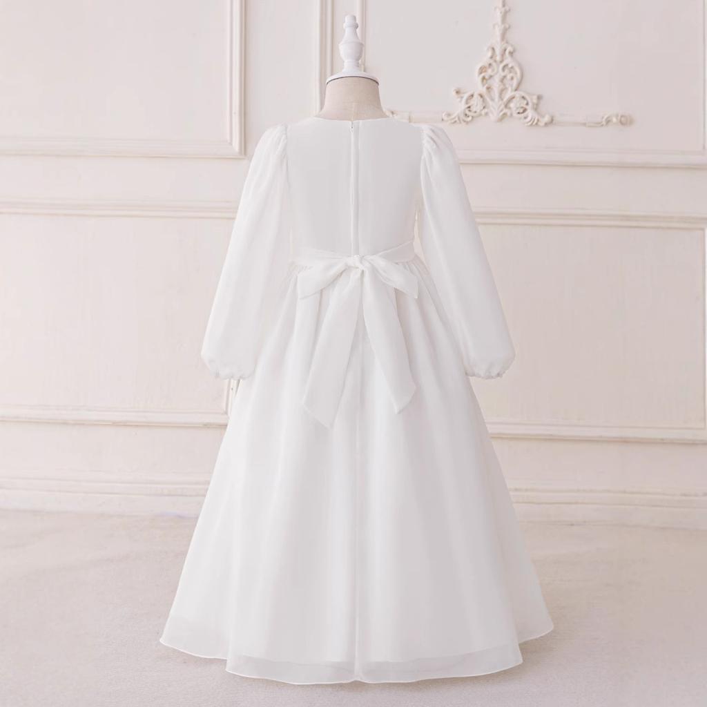 White Mesh Robe Girl Jacquard Dress Long-sleeved Party Evening Dress