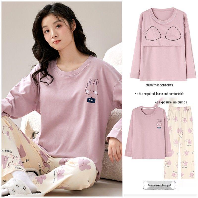 Women's Korean Style Cartoon Long Sleeve Casual Home Set with Chest Pads