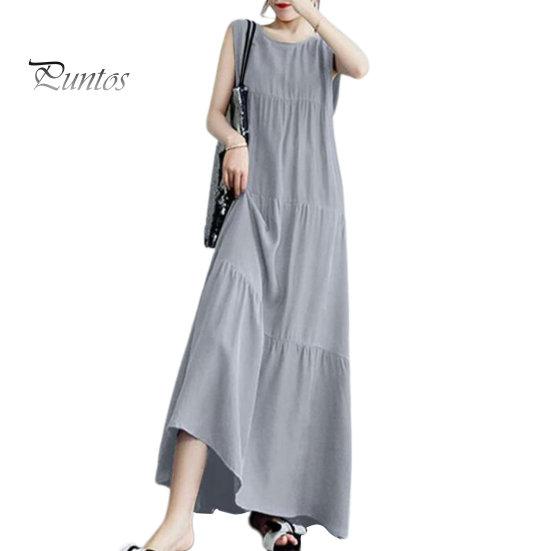 

Женское летнее платье без рукавов трапециевидной формы с большим подолом, сплошной цвет, круглый вырез, лоскутное плиссированное мягкое дышащее платье до щиколотки для пляжного отдыха, макси-платье M серый