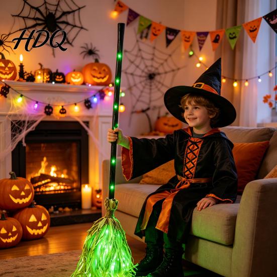 Scopa da Strega di Halloween con Luce LED Verde Luminosa, Accessorio da Spettacolo Illuminato, Costume da Mago Cosplay, Ornamento per Giardino Esterno, Manico di Scopa per