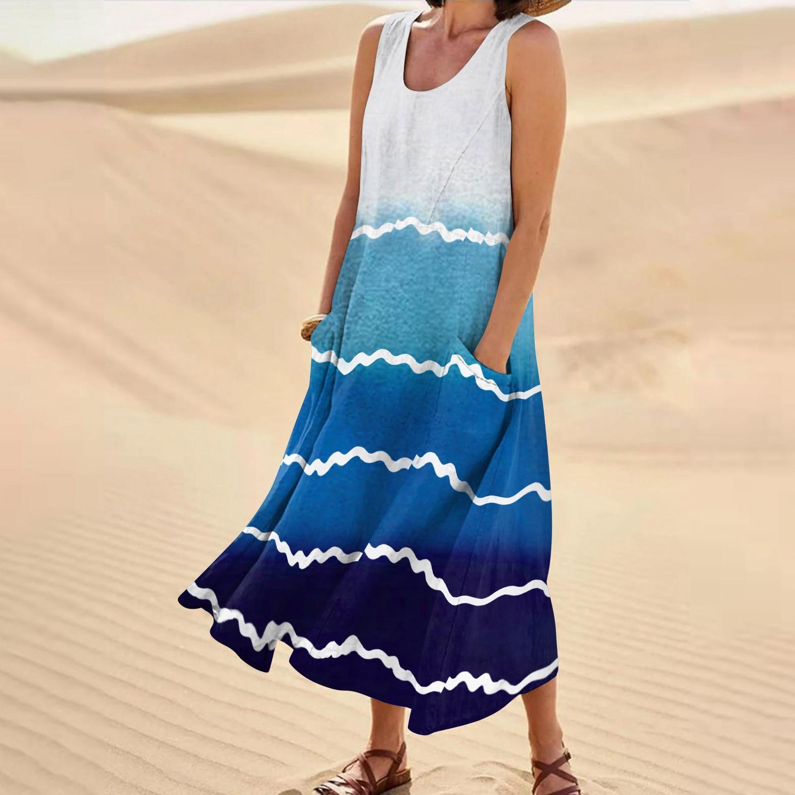 Женское летнее повседневное модное платье в полоску с принтом без рукавов и круглым — фото 14