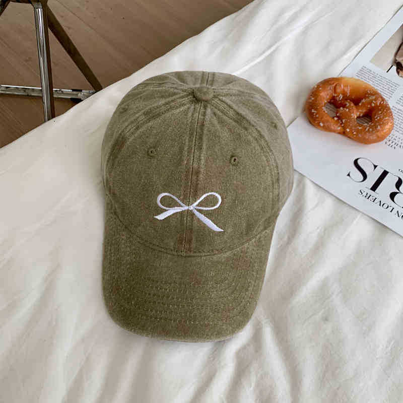 Korean-style vintage washed distressed bow baseball cap for women, new summer hat, gray American-style duckbill cap