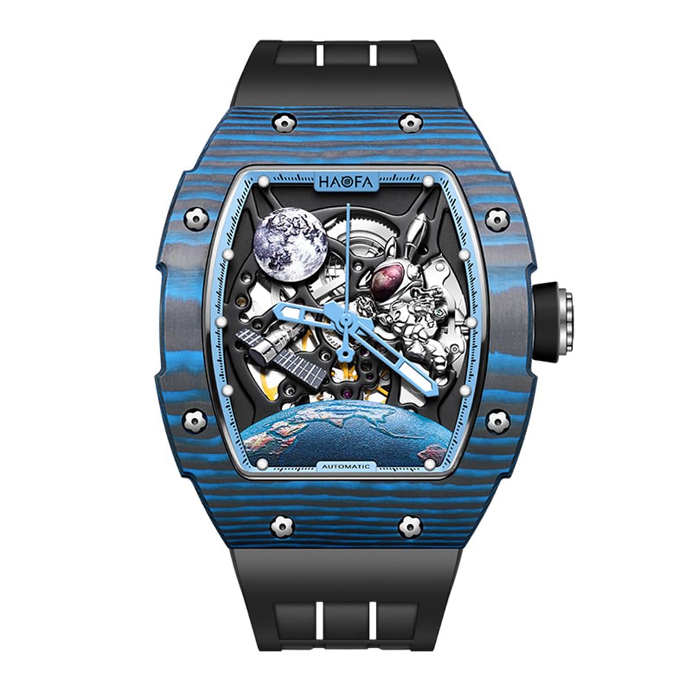 

HAOFA Watch Skeleton Carbon Fiber Case Mechanical Automatic Winding Power Reserve 50 Hours Hollow Dial Tonneau Type Luminous Waterproof Arm Watch Gift синій