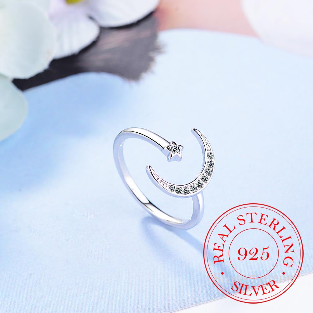 100% 925 Solid Real Sterling Silver Fine Jewelry Moon Star CZ Cocktail Opening Ring Sizable For Women Girl Gift