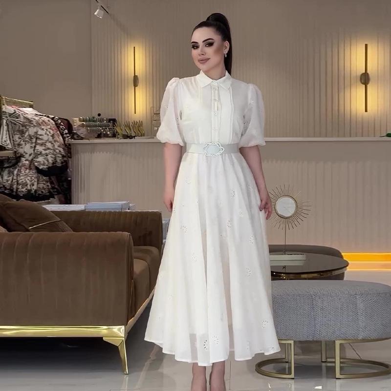 2024 Sommer Dame Ensfarget Puffermer Midjeknyttet Elegant Lang Kjole