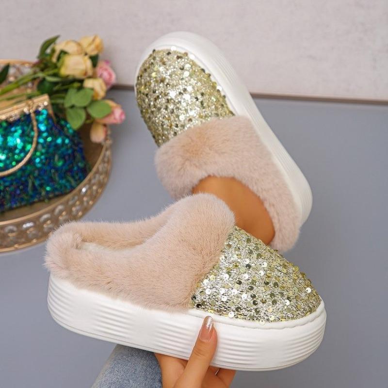 Large Size Women's Platform Cotton Shoes, Piled and Thickened Autumn and Winter New Snow Boots, Sequined Fashion Snow Boots