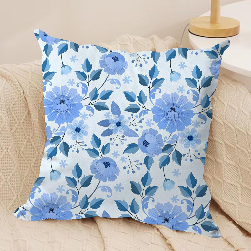 Elegant Blue Floral Cushion Cover Soft Plush Fabric DoubleSided Printed Sofa Cushion Cover for All Seasons Home Decor Gift