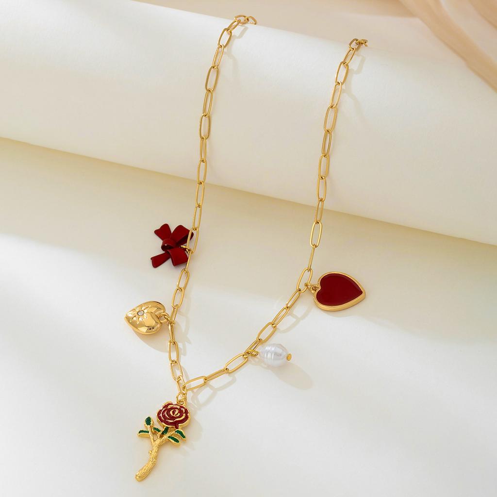 Fashion Red heart imitation pearl bow Necklace For Women Ladies