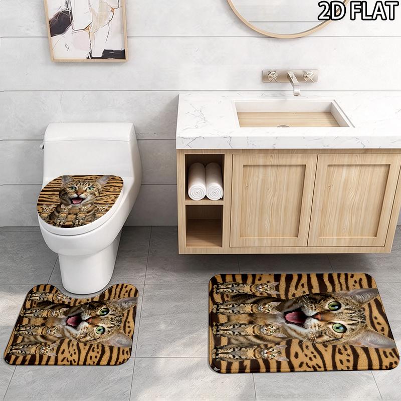 Cute Cat 3D Pattern 3Pcs Bathroom Rug Set, Non Slip Absorbent Bath Mat, Contour Mat & Toilet Lid Cover, Bathroom Decor