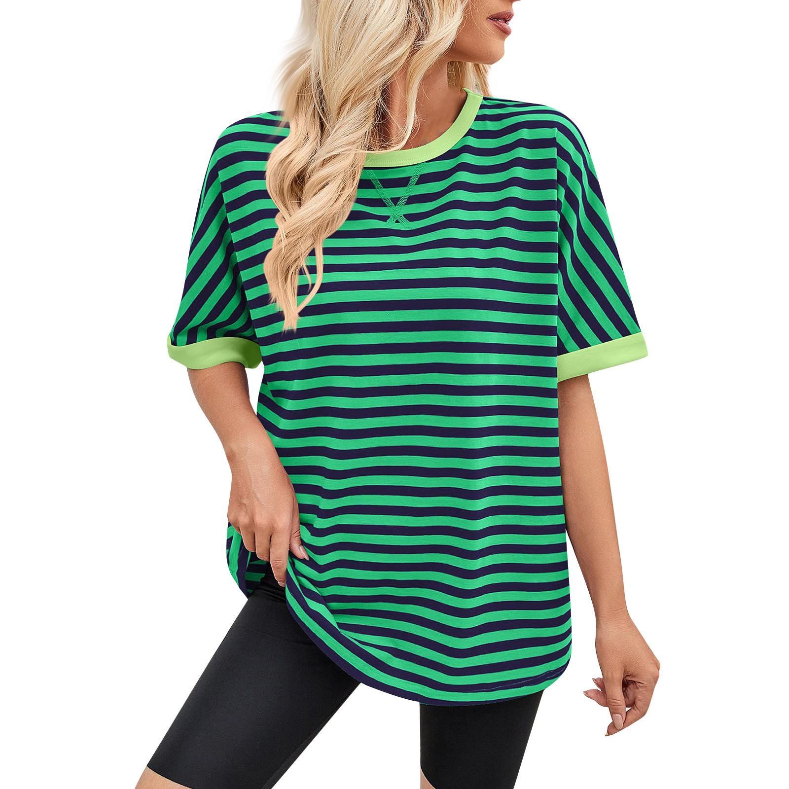 

Женская мода весна-лето повседневный свободный полосатый цветной топ с круглым вырезом и рукавами XL