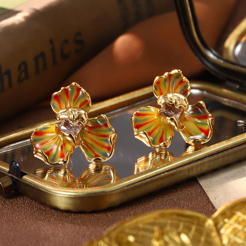 Monet Garden Oil Painting French Medieval Vintage Earrings Enamel Oil Drop Earrings Flower Natural Pearl Stud Earrings