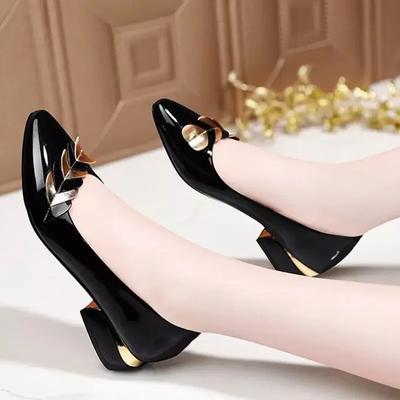 Fashion 2024 Women Dress Shoes Patent Leather Mid Heel Pumps Fashion Shoes Pointed Toe Slip On Office Ladies Zapatos Black Women Shoes