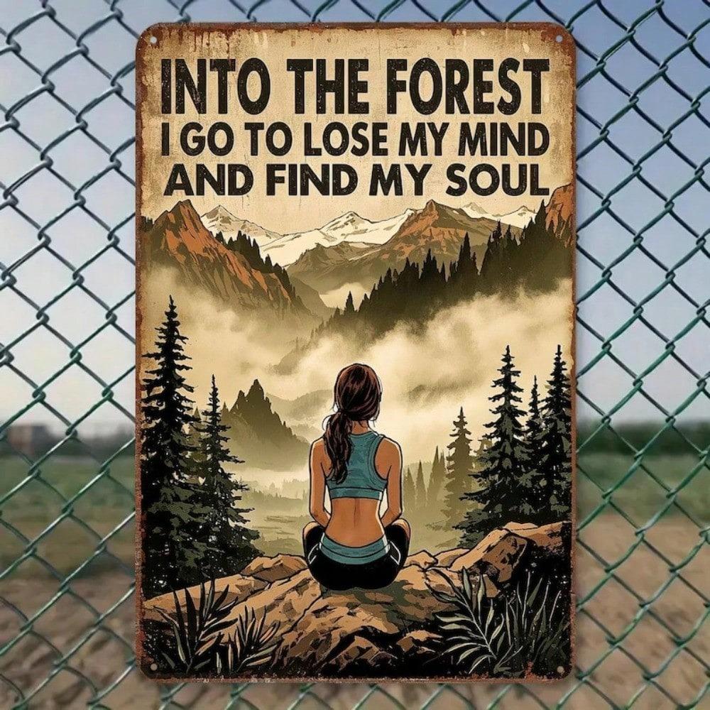 Forest Wall Art Metal Sign, Rustic Mountain Landscape Vintage Tin Sign for Home Decor, Inspirational Nature Scene