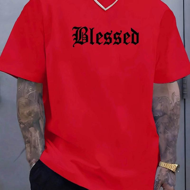 Men's Summer Fashionable Casual Loose Blessed Letter Pattern Printed Sports Round Neck Short Sleeved T-shirt