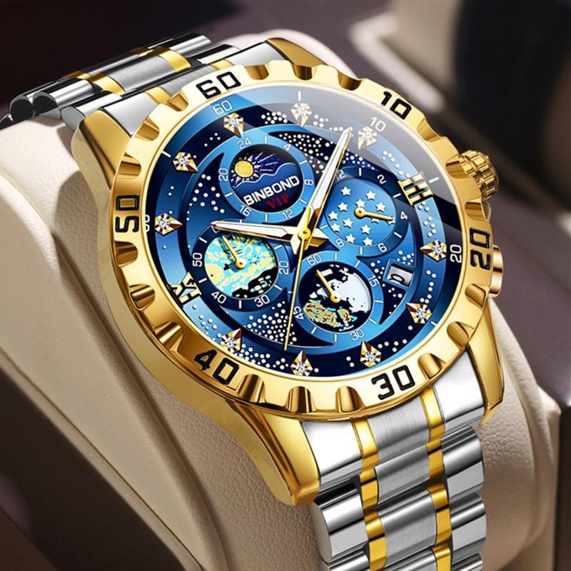 Zegarek Męski Biznesowy Stalowy Pasek Gwieździste Niebo Obraz Olejny Wodoodporny Podświetlenie Nocne Kalendarz Męski Modny Zegarek Kwarcowy