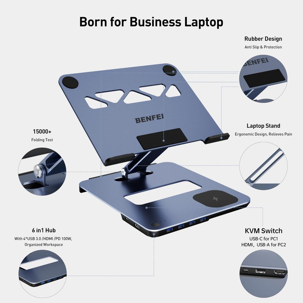 BENFEI 6-in-1 Laptop Stand USB-C Docking Station with Magnetic Wireless Charging (15W), PD100W Charging, HDMI 4K@60Hz, 4 x USB3.0, KVM Switching Funct