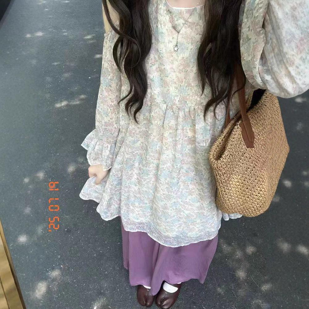 Japanese pure desire style floral design feeling off-the-shoulder dress women's French loose and thin temperament wear short skirt