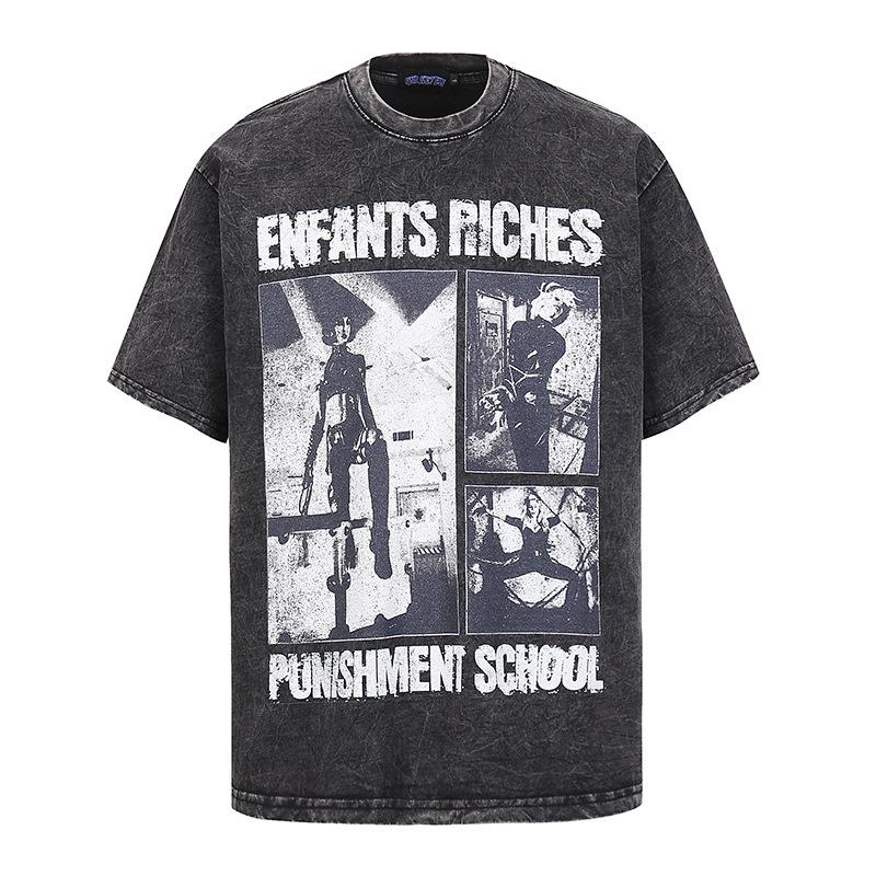 American Heavy Cotton Skull Print T-Shirt Vintage High Street Retro Washed T-Shirt Loose Short Sleeve Men