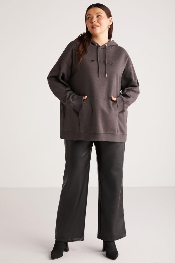 Stil Femei Mărime Mare Hanorac Veronıcabb Fleece Interior Croială Confortabilă Moale Broderie Față Glugă Buzunar Cangur Antracit Mare