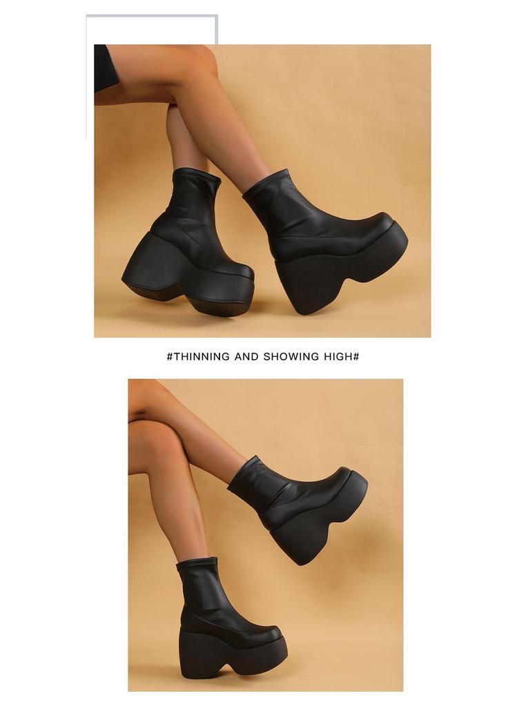 Stivaletti alla caviglia in pelle con plateau a zeppa suola spessa punta quadrata Donna 2022