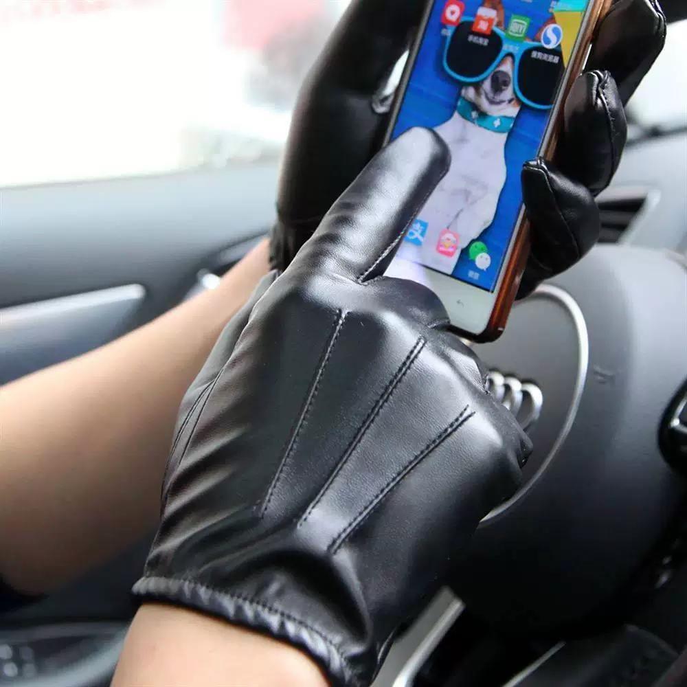 Autumn and Winter Leather Gloves for Men, Thin Style, Touchscreen-Compatible, for Driving, Cycling, and Motorcycling, Pu Leather with Fleece Lining