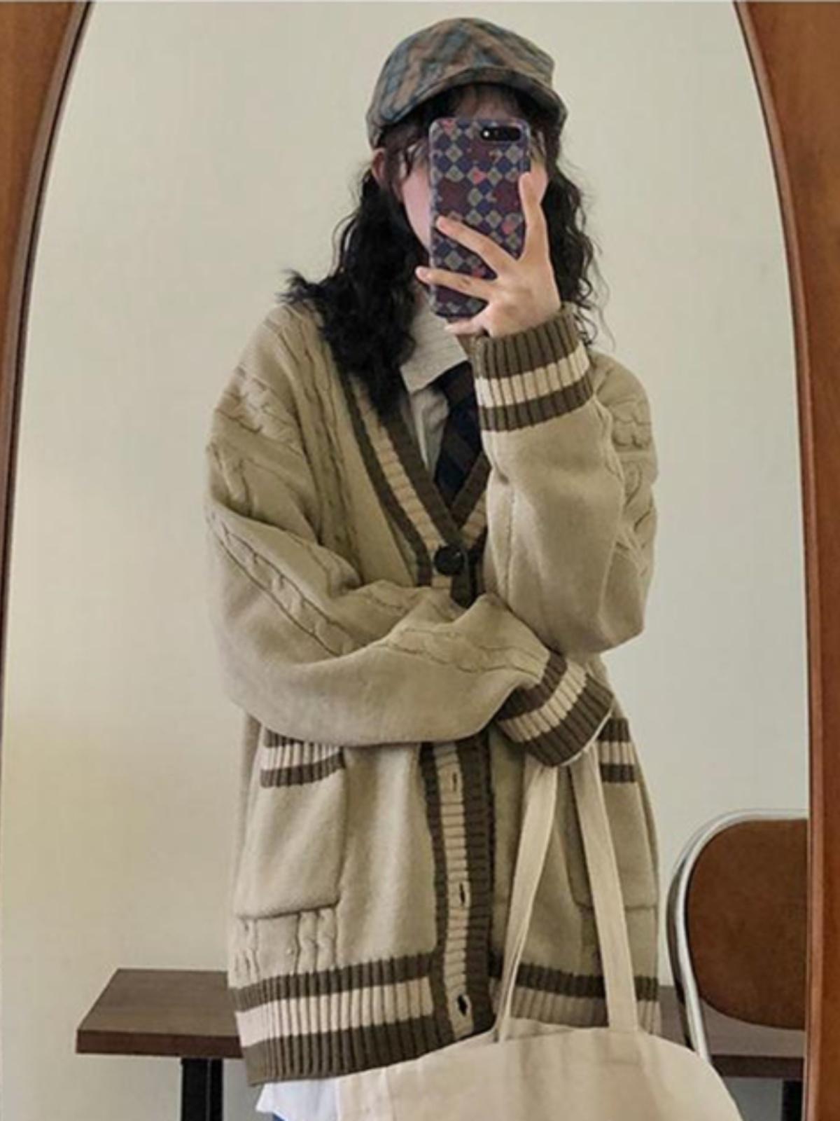 

2024 Унисекс Японский Ретро Кардиган с Цветными Блоками - Свободный, Теплый Трикотаж для Весны и Осени M хаки