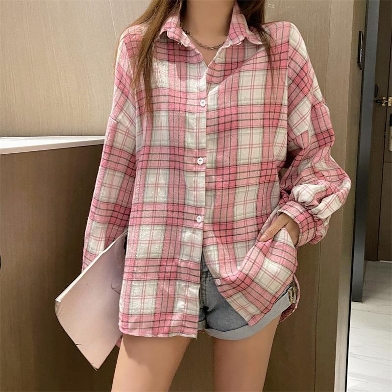 Camicie a quadri larghe semplici vintage primaverili da donna, moda a maniche lunghe, taglie forti, casual, camicette da donna, monopetto, slim, da ufficio, da donna, 26107