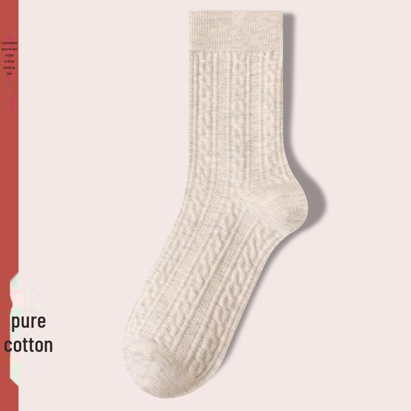 Women's Retro Twist Pure Cotton Mid-Tube Socks - Antibacterial, Deodorant, Autumn/Winter, White Long Socks.
