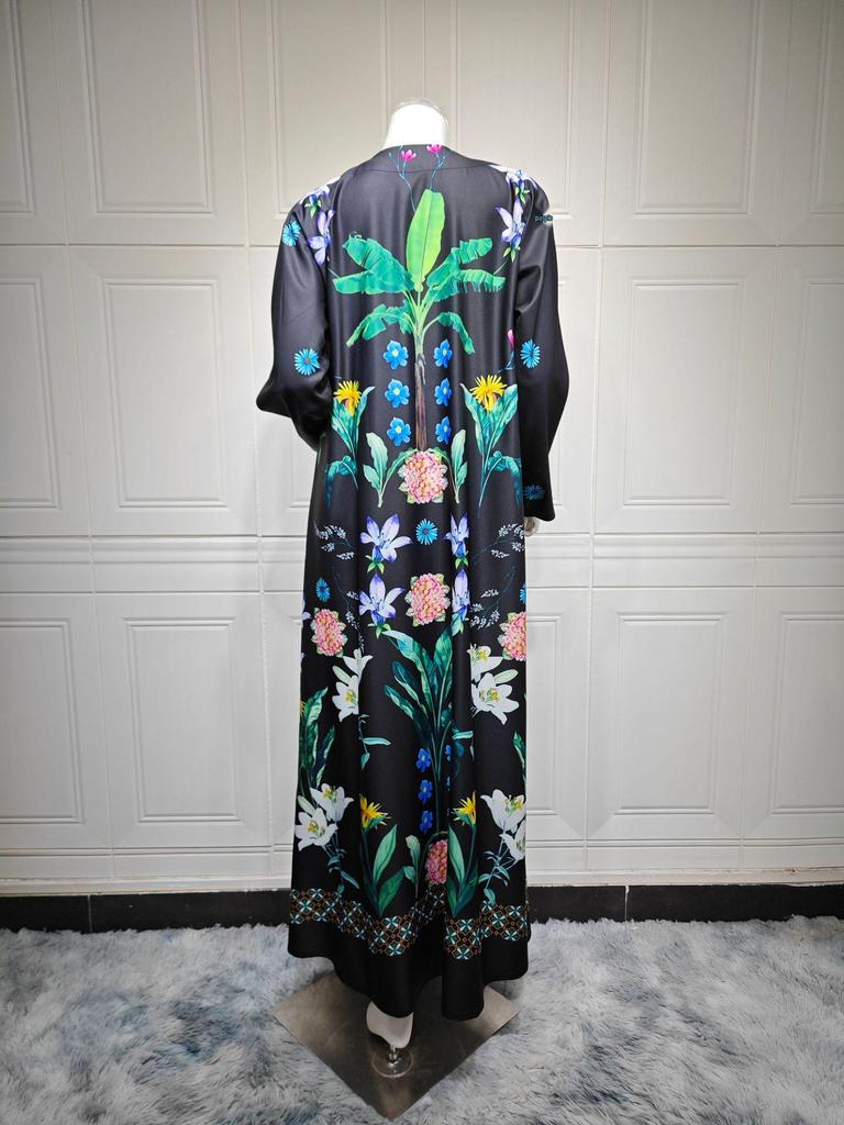 MQ236 Women's Middle Eastern Fashion: Printed Abaya Robe with Hijab & Cardigan, Large Swing Overcoat