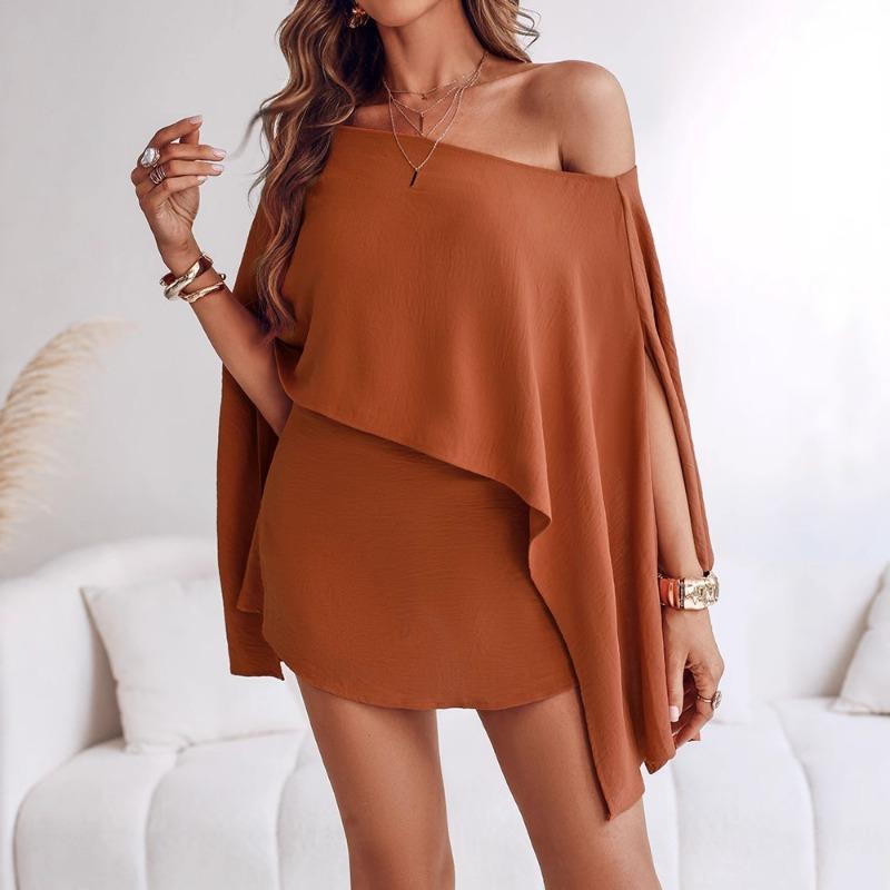 Summer New Solid Color One-shoulder Design Slit Casual Sleeve for Women