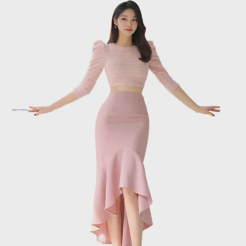 2024 Frühling Koreanischer Slim Fit Zweiteiler: Kurzes Top & Hüft-Fishtail-Rock