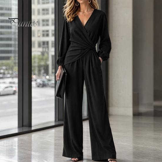 Casual Women Outfit Women's Long Sleeve 2 Piece Sets, Irregular Hem V Neck Top Comfortable And Wide Leg Pants Matching Travel Vacation Outfits
