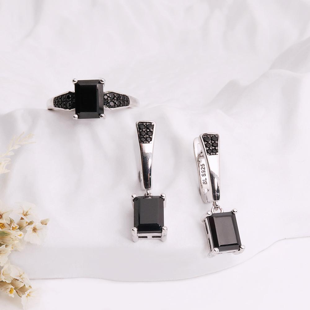 Gorgeous Noble Perseverance Natural Black Spinel Precious Gems Ring Earrings Necklace Jewelry Set S925 Silver Birthday Gift