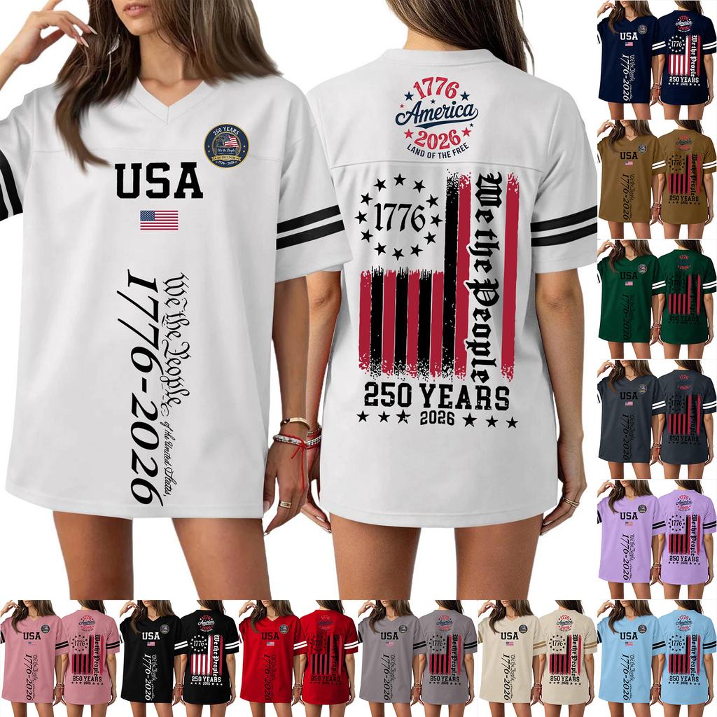 Women's Casual Fashion V-Neck Sports Independence Day Print Short Sleeve Sports T-Shirt Top
